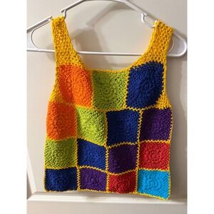 Handmade Crochet Granny Square Tank Top Multi Color Patchwork Boho Festival S/M
